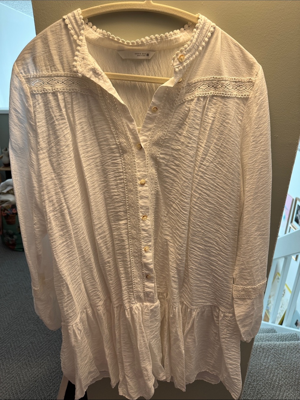 Zara Cream Button-Front Lace-Trim Tunic